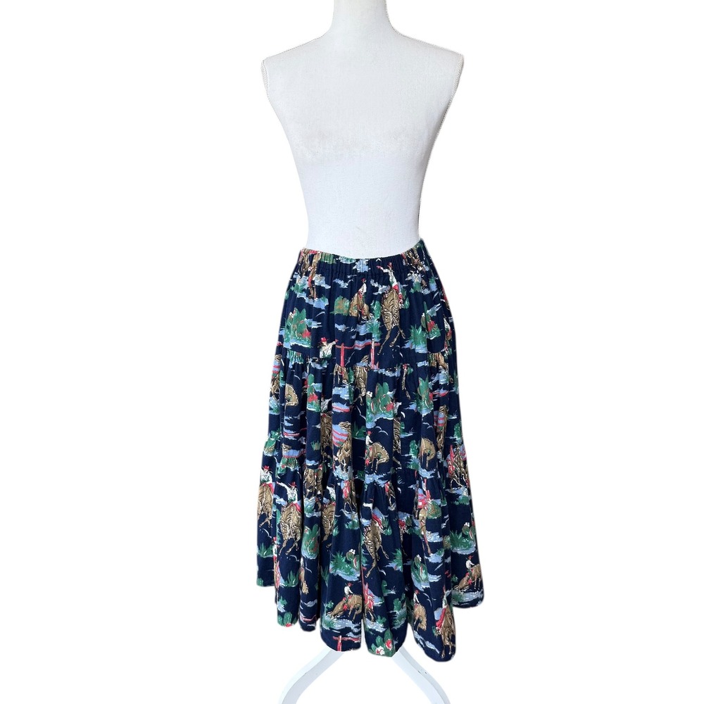 Vintage Blue Western Cowboy‎ Print Tiered Flannel Midi Skirt Blue Cotton Small